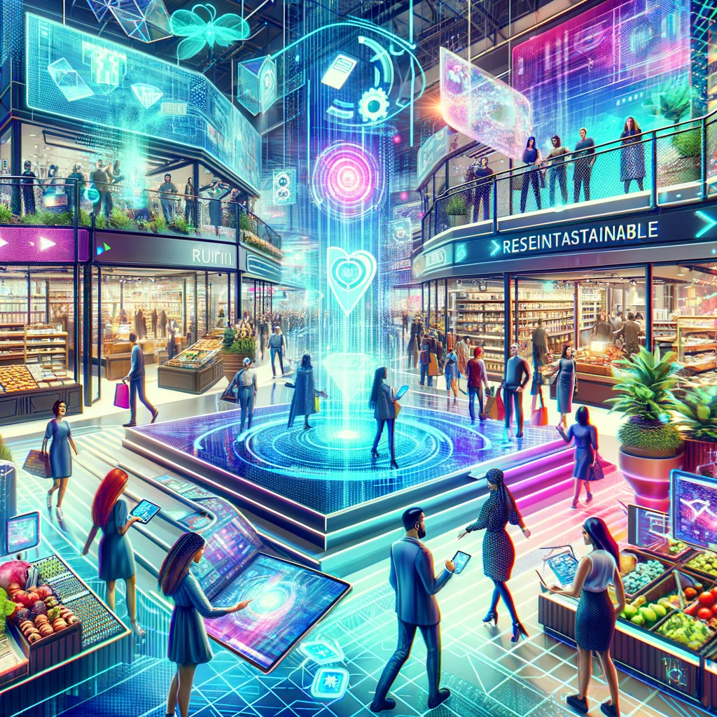 "High-tech retail environment with interactive and augmented reality displays, surrounded by diverse shoppers."