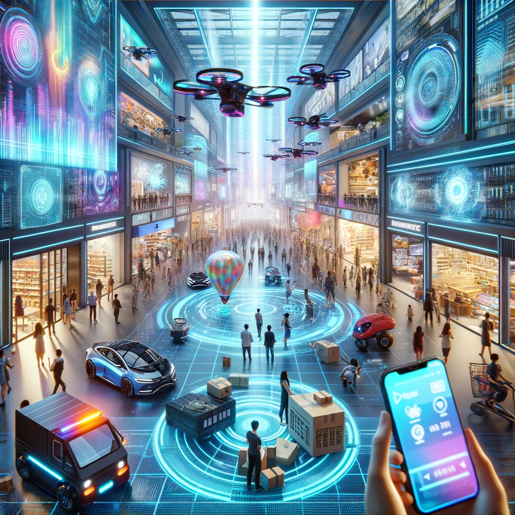 "Futuristic shopping scene with digital displays, holographic showcases, VR interactions, and drone deliveries."