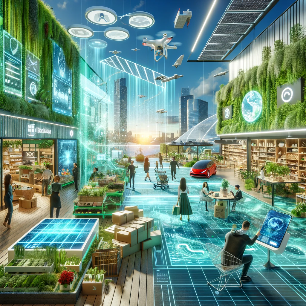 "Futuristic retail environment in 2025 with interactive tech displays, VR stations, and sustainable design elements."