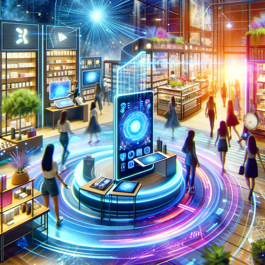 Shoppers in a futuristic retail environment with digital kiosks and virtual try-on stations.