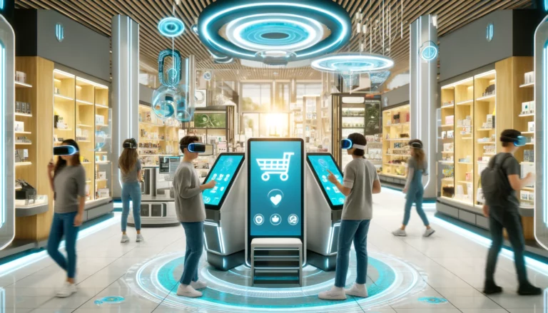 A modern retail store in 2050 with customers using virtual reality headsets to shop in an immersive environment.