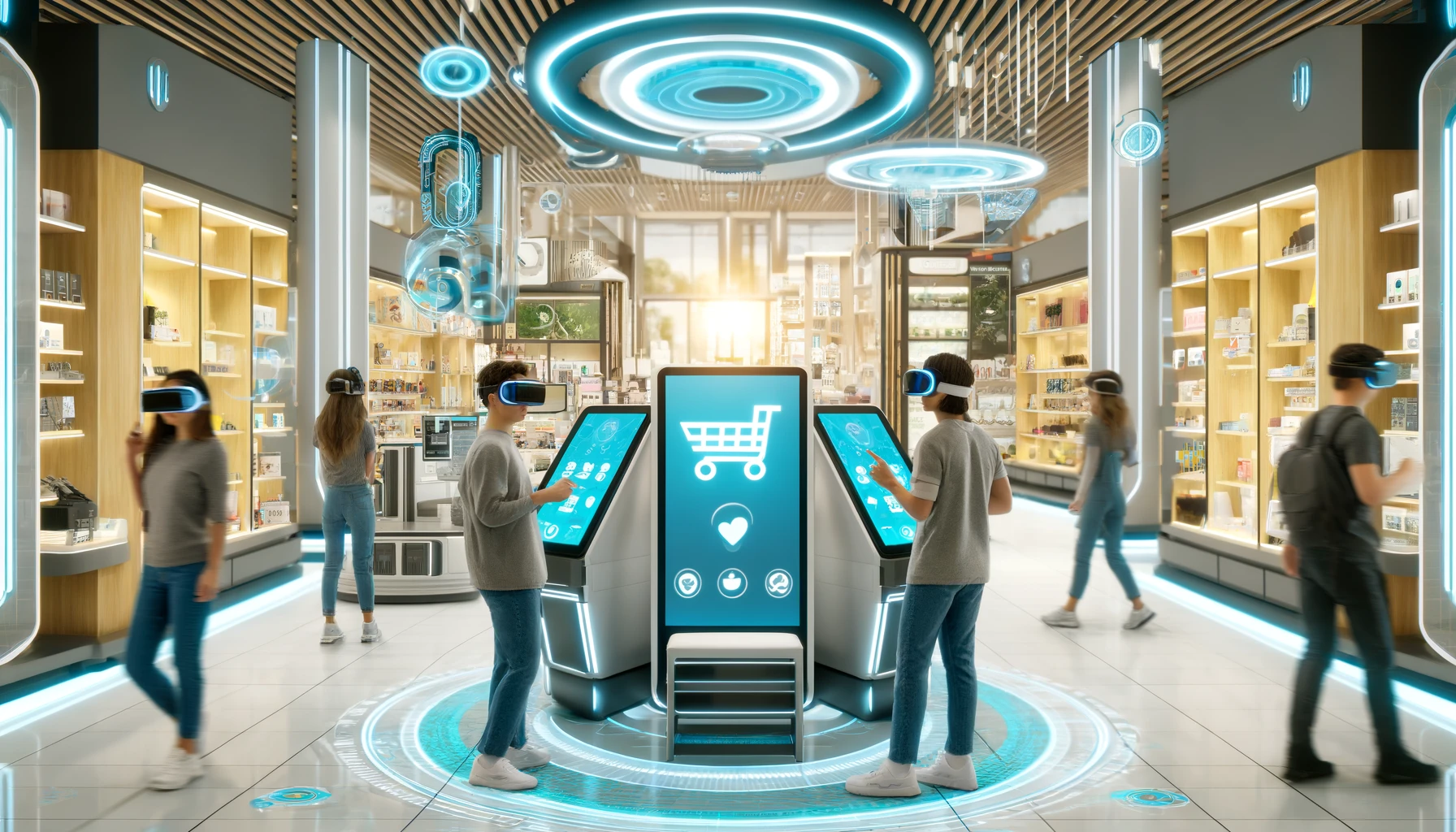 A modern retail store in 2050 with customers using virtual reality headsets to shop in an immersive environment.