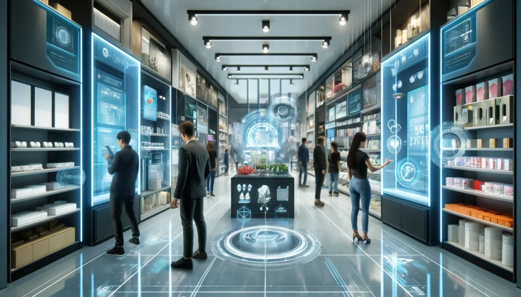 A futuristic retail store with digital displays, smart shelves, and customers interacting with augmented reality features.