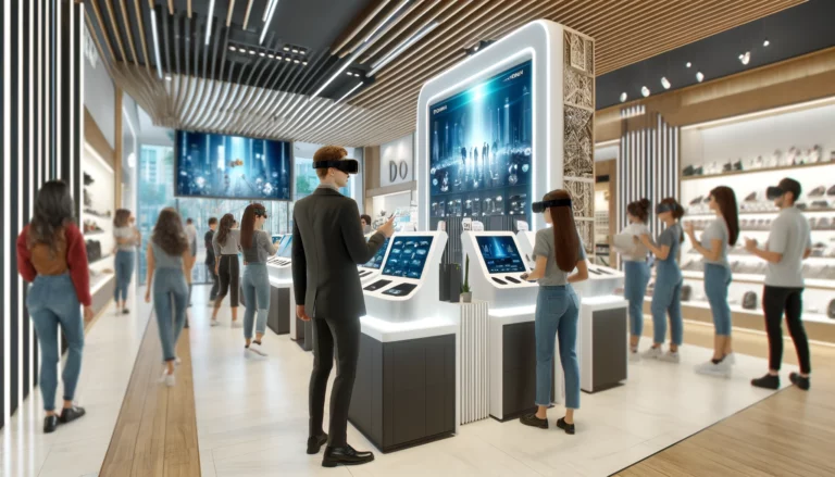 A modern retail store featuring customers interacting with virtual reality shopping experiences.