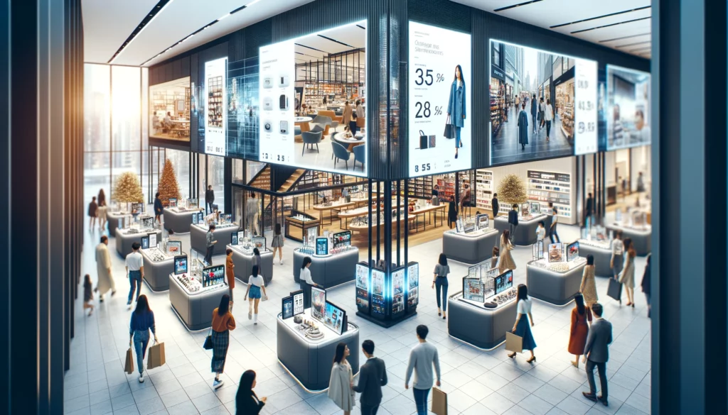 A bustling modern retail store with customers shopping both in-person and via digital screens. The store features sleek design elements, large digital displays, and a mix of physical products and digital kiosks.