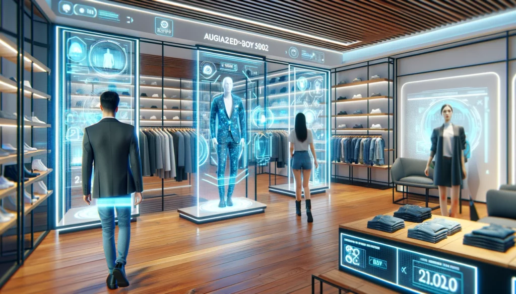 A futuristic retail store in 2030 with customers using augmented reality to try on clothes and interact with virtual displays.