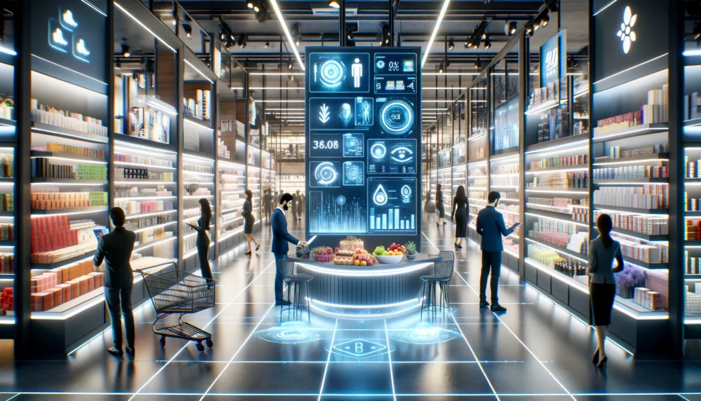 A futuristic retail store in 2050 with smart shelves, augmented reality displays, and customers using AI-powered virtual assistants.