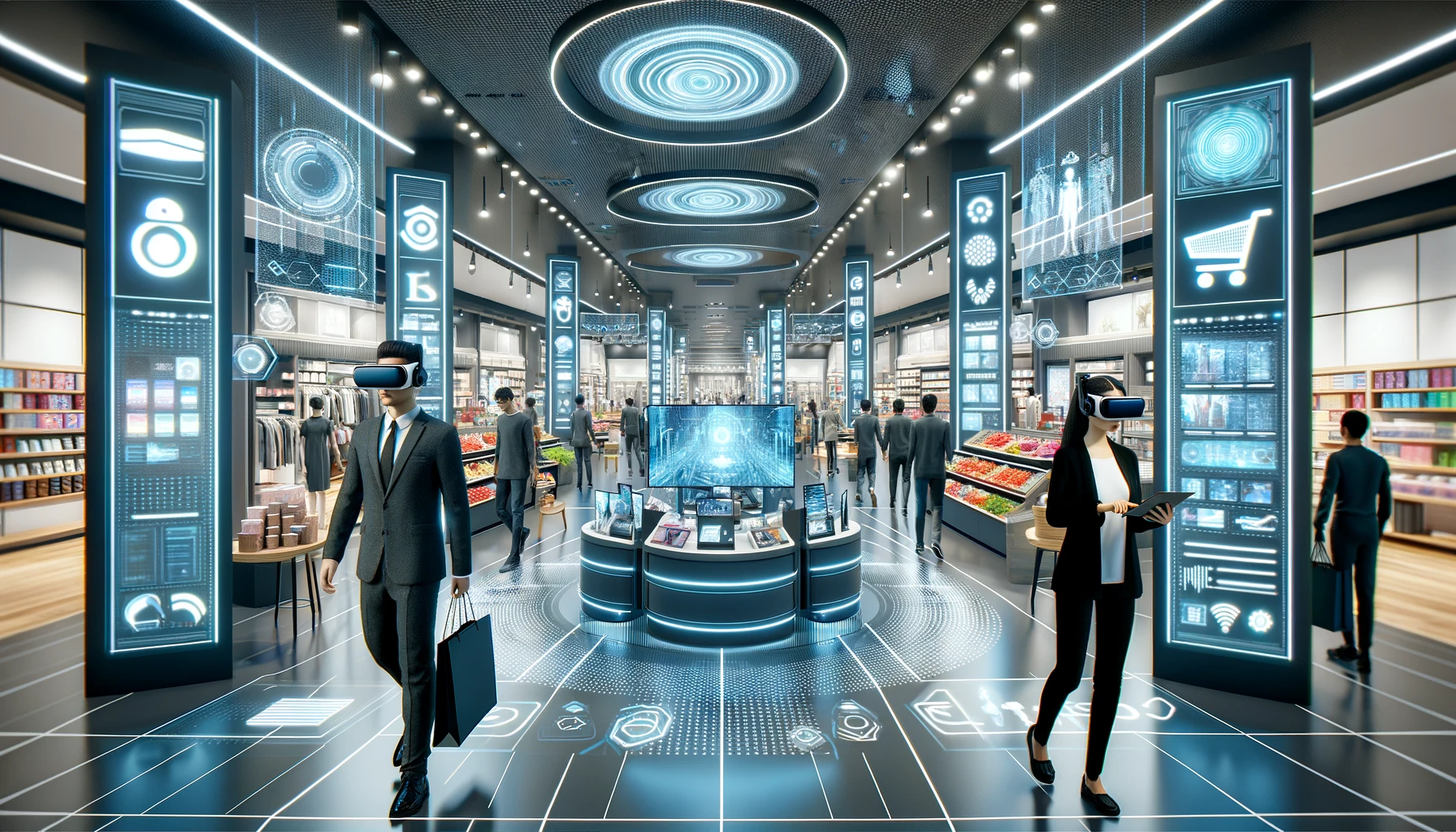 A modern retail store in 2030 featuring customers using virtual reality headsets to shop in an immersive environment.