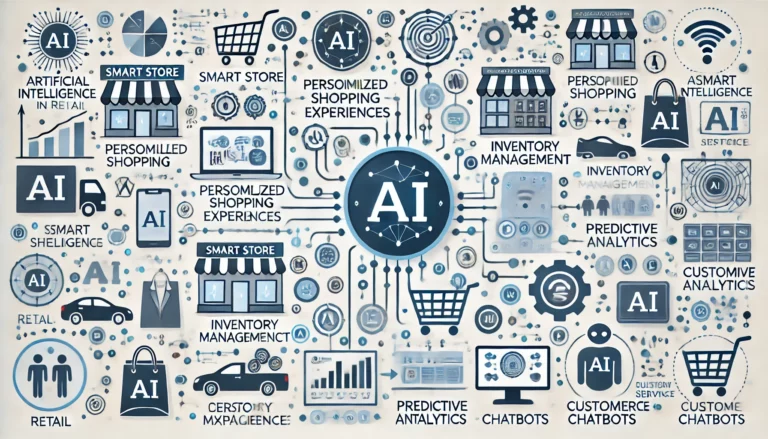 Infographic showing integration of artificial intelligence in retail, including smart store, personalized shopping, inventory management, predictive analytics, and customer service chatbots, with arrows illustrating AI application flow.