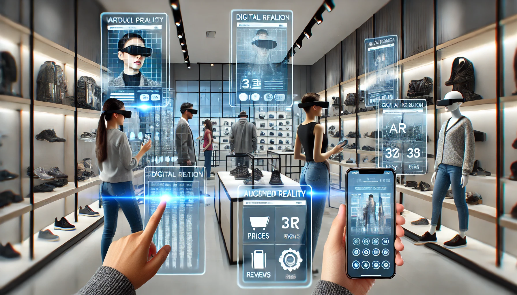 "Customers using augmented reality (AR) glasses and smartphones in a modern retail store with virtual product displays and digital overlays of prices, reviews, and details."