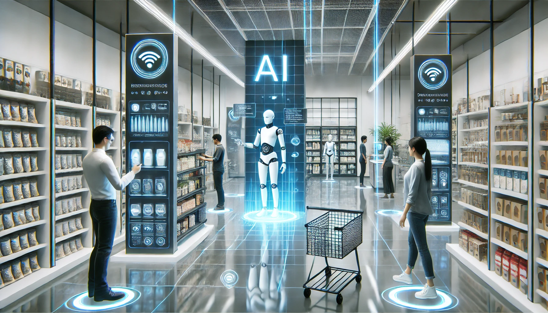 A futuristic retail store with AI-powered technology including digital shelves, smart displays, automated checkout systems, and robots assisting customers.