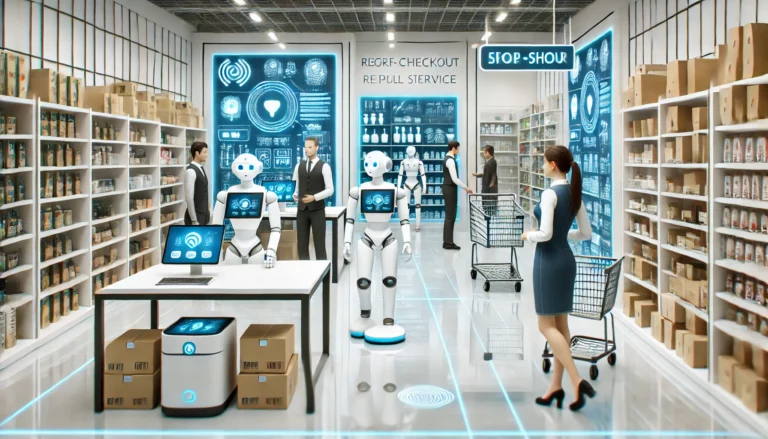 Futuristic retail store with robots assisting customers, managing inventory, and providing customer service in a bright, modern design.