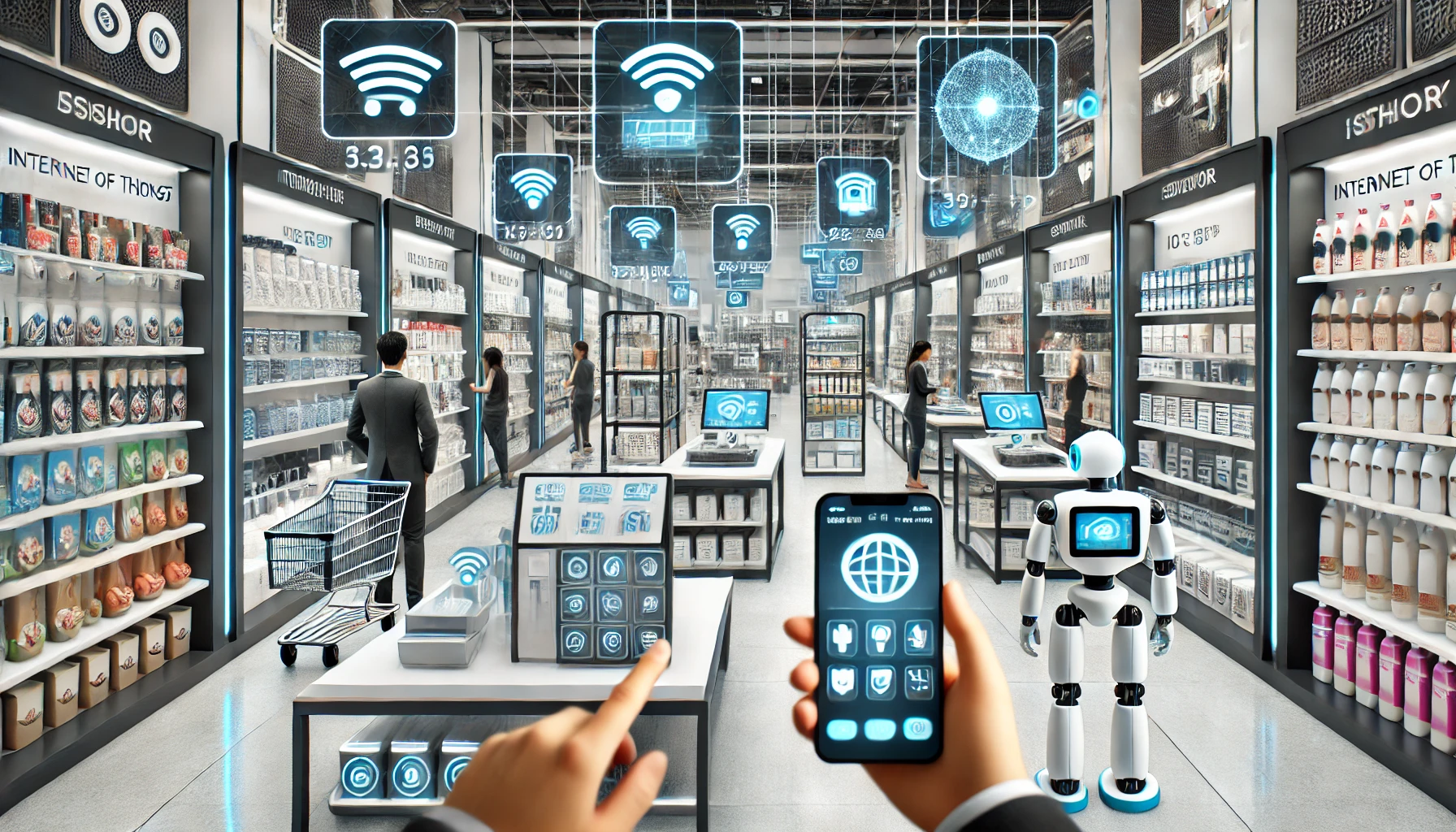 A futuristic retail store filled with IoT devices, including smart shelves, interactive displays, automated checkouts, digital price tags, inventory sensors, and robots restocking items.